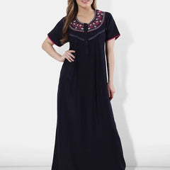 Be You Women Navy Blue Embroidered Maxi Nightdress
