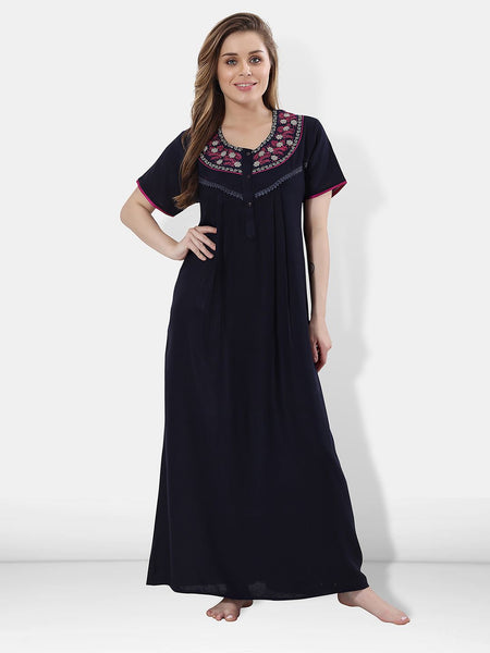 Be You Women Navy Blue Embroidered Maxi Nightdress