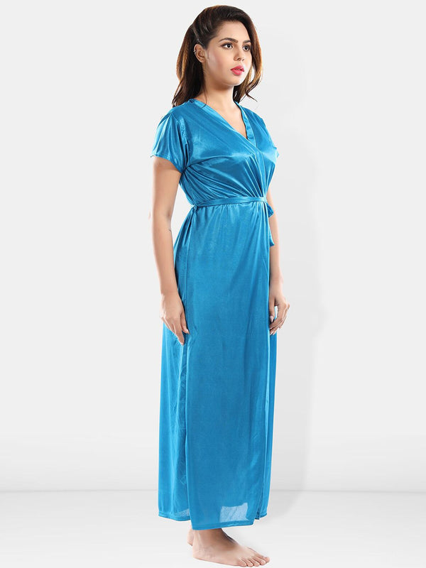 Be You Floral Self Design Satin Nightdress With Robe & Brief