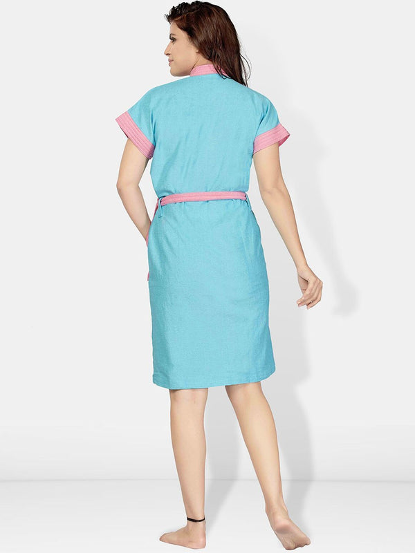 Be You Turquoise Blue Solid Cotton Drawstring Knee Length Bath Robe-L/XL