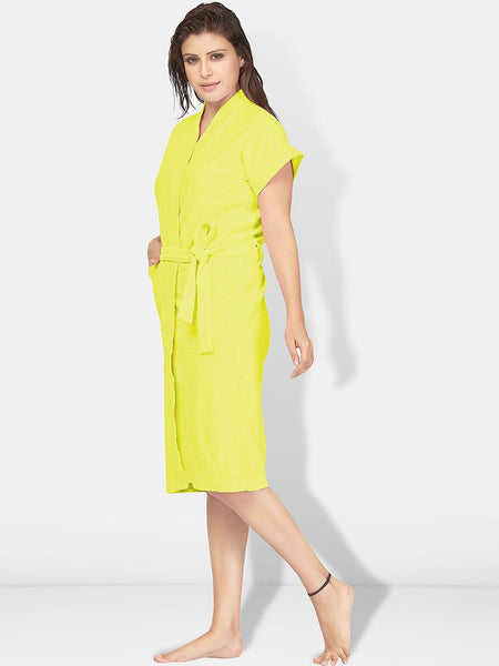 Be You Yellow Solid Cotton Drawstring Knee Length Bath Robe-L/XL