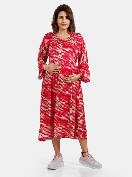 Be You Abstract Printed Bell Sleeves Maternity Fit and Flare Dress