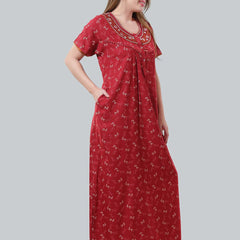 Be You Maroon Embroidered Maxi Nightdress