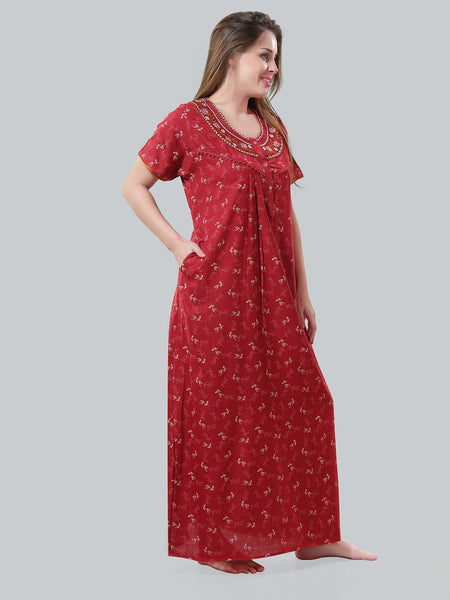 Be You Maroon Embroidered Maxi Nightdress