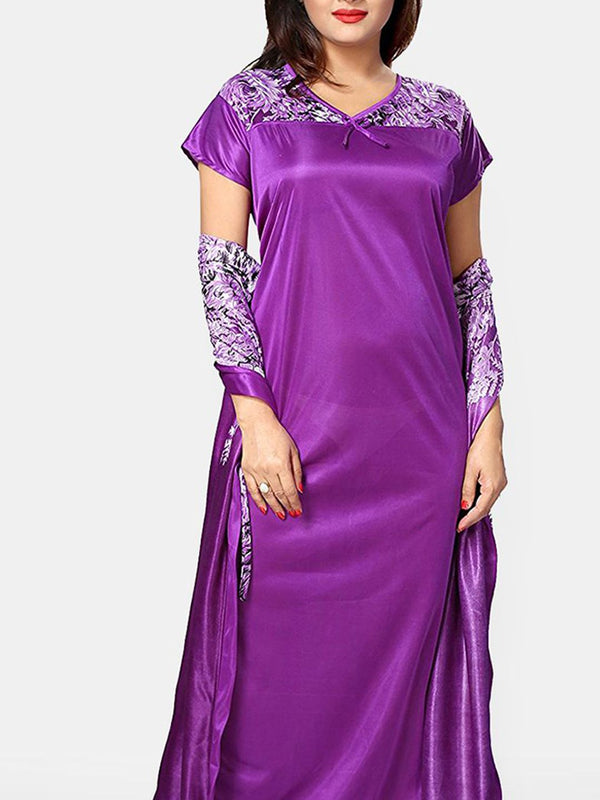 Be You Women Printed V-Neck Maxi Nightdress with Robe