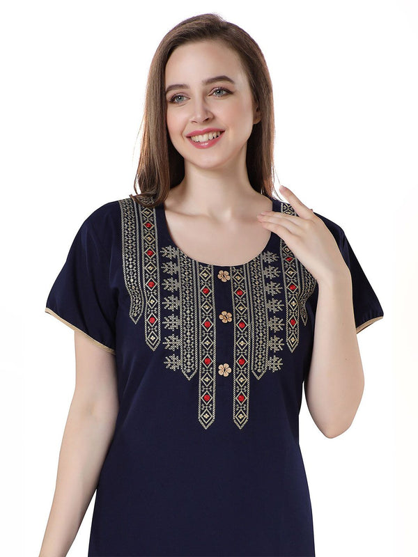 Be You Navy Blue Embroidered Maxi Nightdress