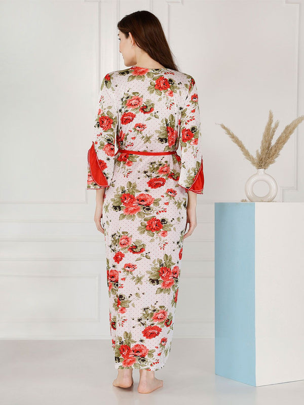 Be You Floral Printed Shoulder Straps Satin Maxi Nightdress With Robe