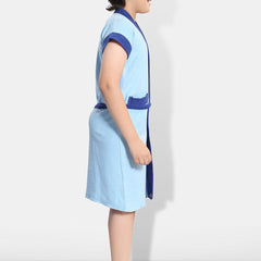 Be You Two-Tone Blue Solid Cotton Drawstring Knee Length Bath Robe