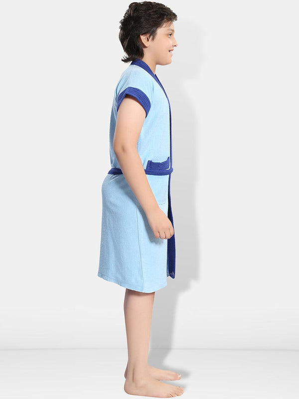 Be You Two-Tone Blue Solid Cotton Drawstring Knee Length Bath Robe