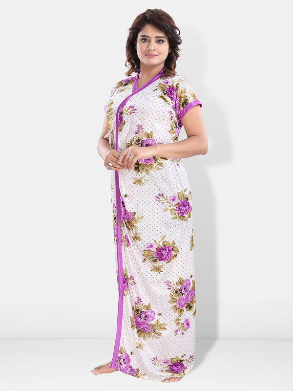 Be You Printed Round Neck Satin Maxi Nightdress With Robe