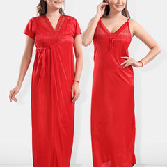 Be You V-Neck Satin Lace Night Suit With Robe