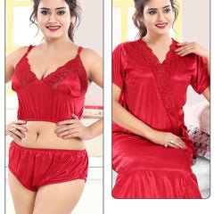 Be You Women  Maroon  Solid Satin 3 Piece Nightwear Set