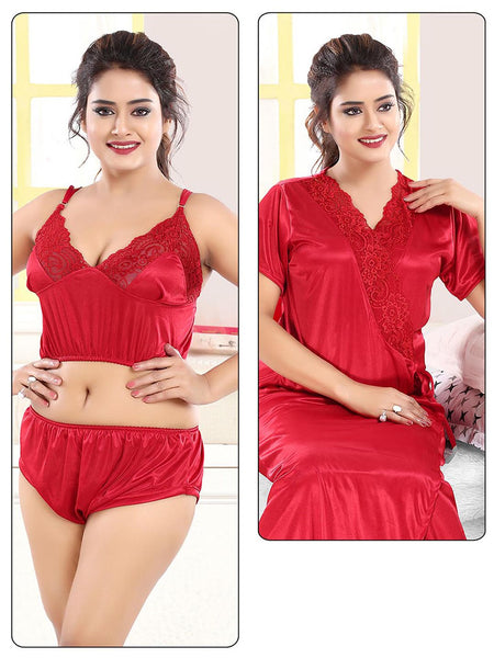 Be You Women  Maroon  Solid Satin 3 Piece Nightwear Set