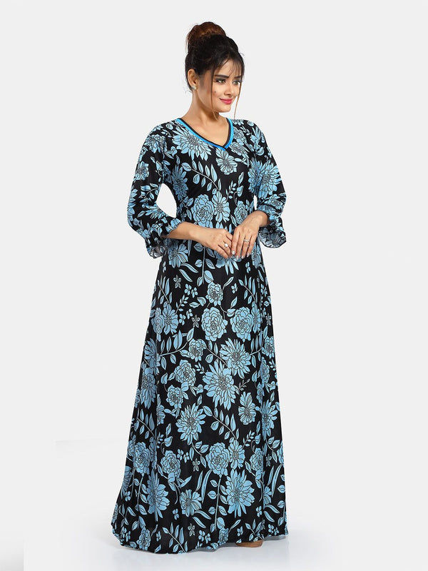 Be You Floral Printed V-Neck Satin Maxi Sweat Nightdress