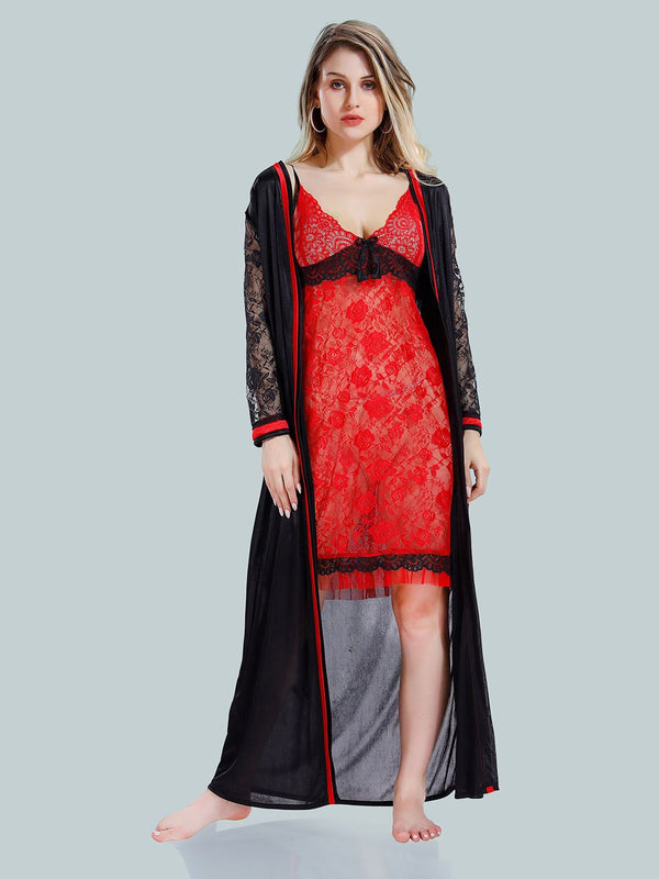 Be You V-Neck Lace Up Details Satin Baby Dolls With Robe