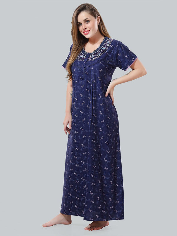 Be You Navy Blue Embroidered Maxi Nightdress