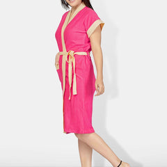 Be You Pink Solid Cotton Drawstring Knee Length Bath Robe-L/XL