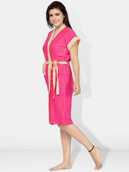 Be You Pink Solid Cotton Drawstring Knee Length Bath Robe-L/XL