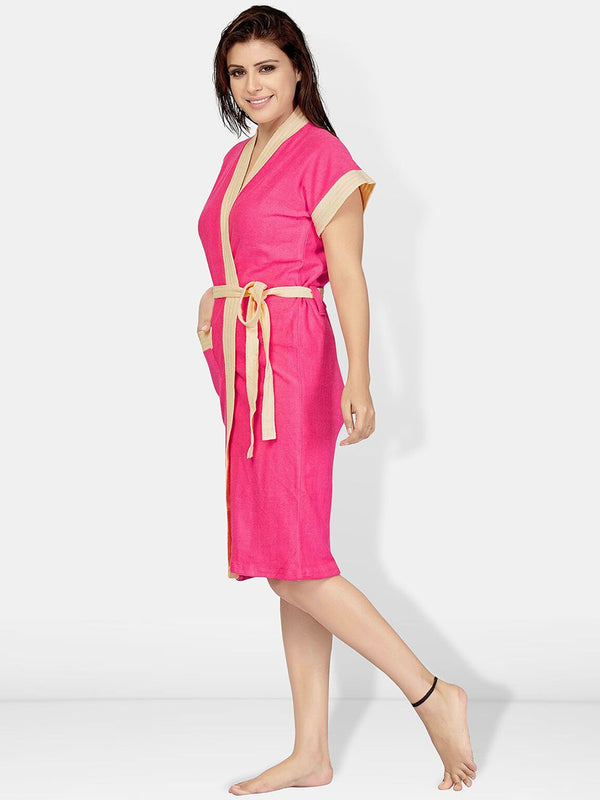 Be You Pink Solid Cotton Drawstring Knee Length Bath Robe-L/XL