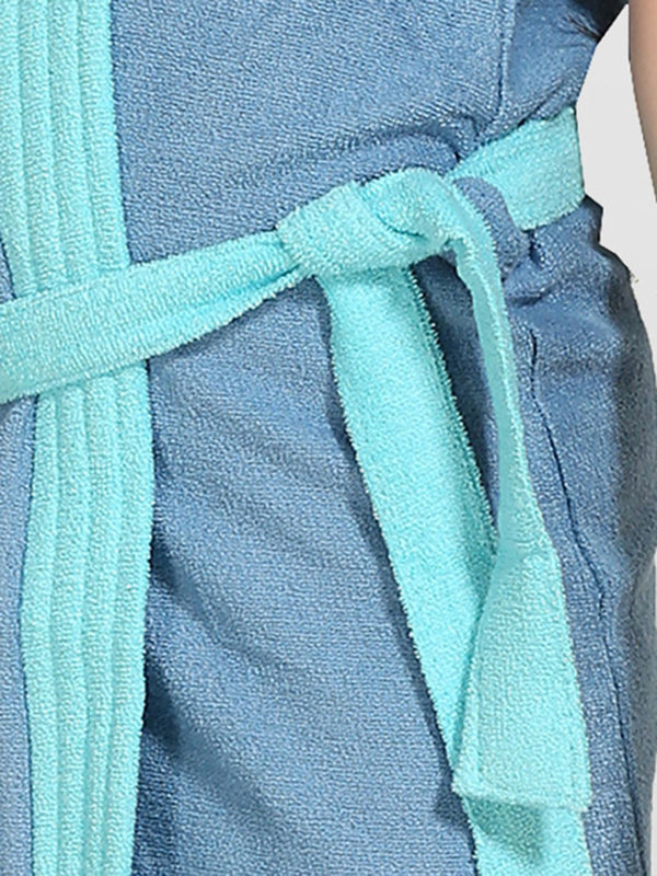 Be You Two-Tone Blue Solid Cotton Drawstring Knee Length Bath Robe