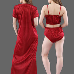 Be You Women  Maroon  Solid Satin 3 Piece Nightwear Set