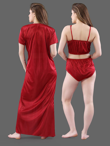Be You Women  Maroon  Solid Satin 3 Piece Nightwear Set