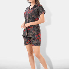 Be You Women Black & Red Printed Pajama & Shorts with Shirt Night Suits