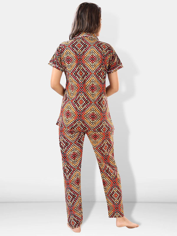 Be You Women Brown & Red Printed Pajama & Shorts with Shirt Night Suits