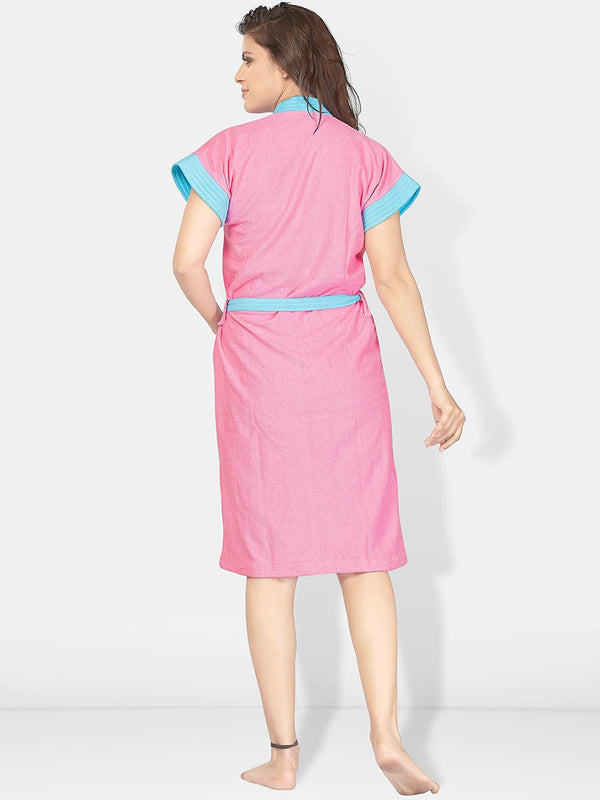 Be You Pink Solid Cotton Drawstring Knee Length Bath Robe-L/XL