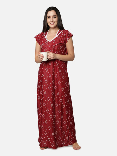 Be You Women Maroon Printed Maternity Maxi Nightdress