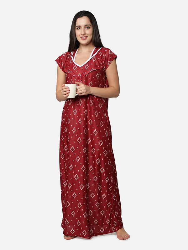 Be You Women Maroon Printed Maternity Maxi Nightdress