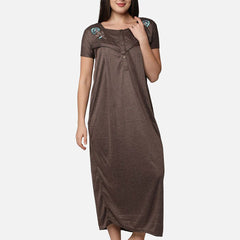 Be You Women Coffee Brown Embroidered Maxi Maternity Nightdress