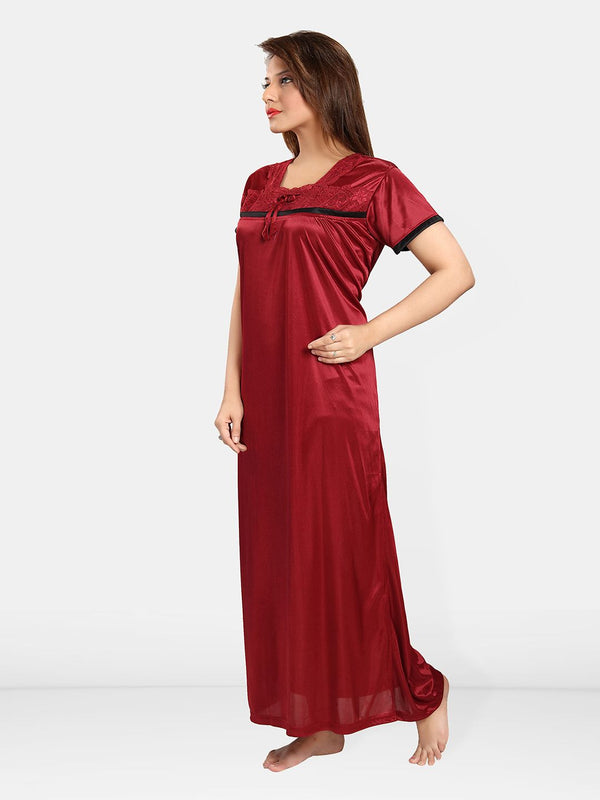 Be You Self Design Square Neck Satin Maxi Nightdress