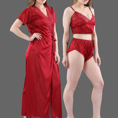 Be You Women  Maroon  Solid Satin 3 Piece Nightwear Set