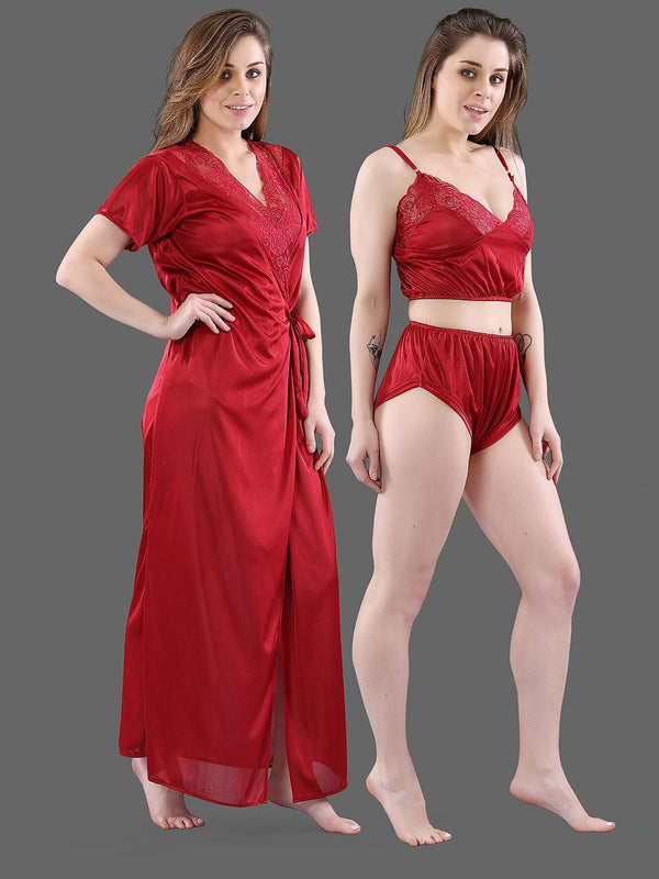 Be You Women  Maroon  Solid Satin 3 Piece Nightwear Set