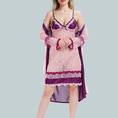Be You Solid Lace Details Satin Nighty with Robe