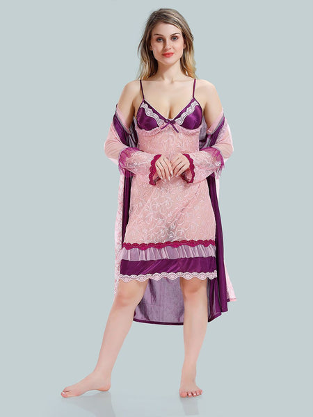Be You Solid Lace Details Satin Nighty with Robe