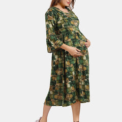 Be You Floral Printed Round Neck Bell Sleeves Maternity Fit & Flare Midi Dress