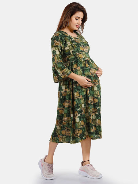 Be You Floral Printed Round Neck Bell Sleeves Maternity Fit & Flare Midi Dress
