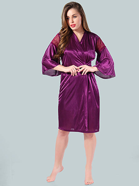 Be You Solid Lace Details Satin Nighty with Robe