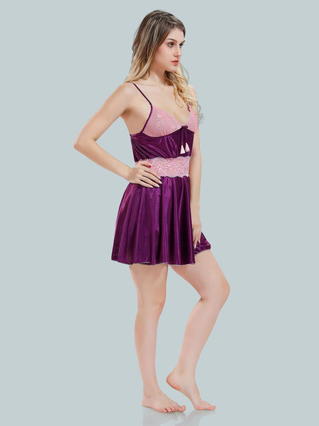 Be You Solid Lace Details Satin Nighty with Robe