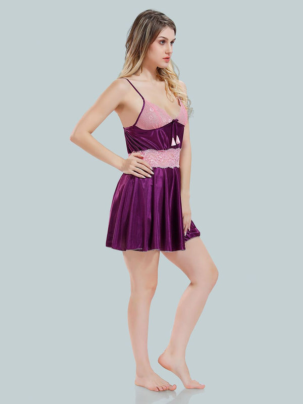 Be You Solid Lace Details Satin Nighty with Robe