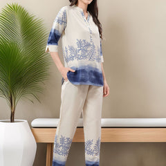 Be You Printed Mandarin Collar Tunic With Trousers