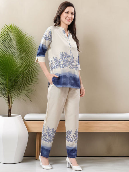 Be You Printed Mandarin Collar Tunic With Trousers