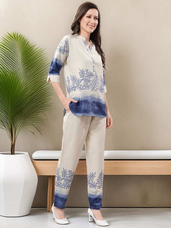 Be You Printed Mandarin Collar Tunic With Trousers