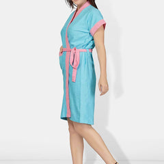 Be You Turquoise Blue Solid Cotton Drawstring Knee Length Bath Robe-L/XL