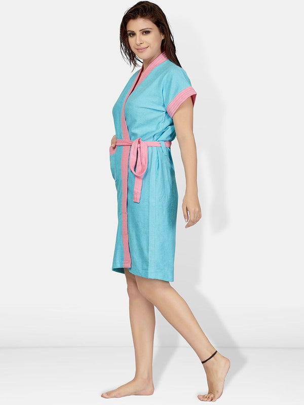 Be You Turquoise Blue Solid Cotton Drawstring Knee Length Bath Robe-L/XL