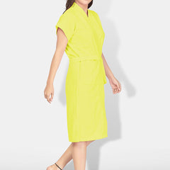 Be You Yellow Solid Cotton Drawstring Knee Length Bath Robe-L/XL