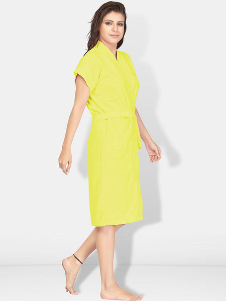 Be You Yellow Solid Cotton Drawstring Knee Length Bath Robe-L/XL