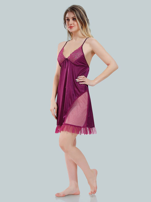Be You Solid Lace Details Satin Nighty with Robe